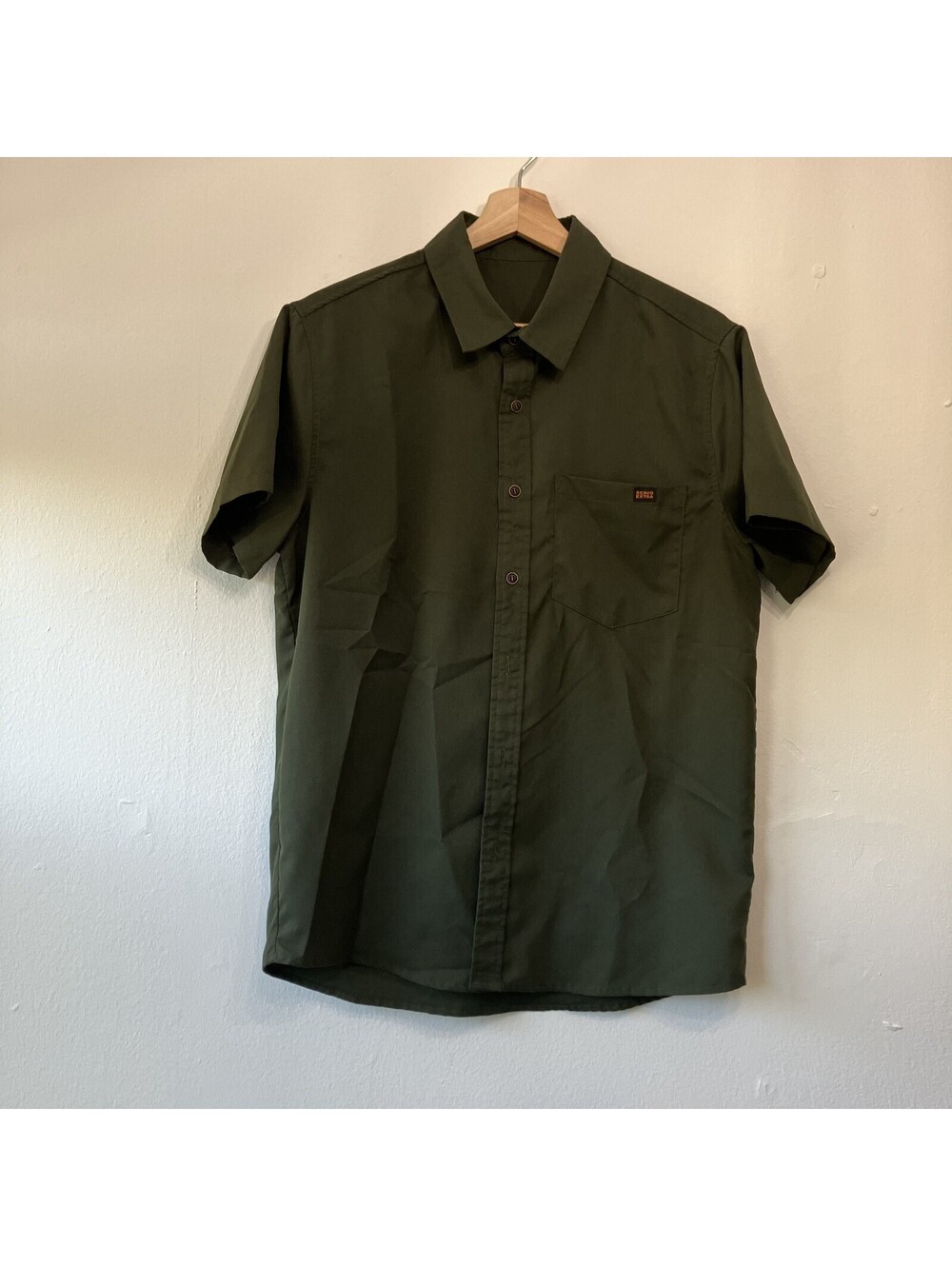 Mens Olive Army Green Short Sleeve Collar Button Shirt Cotton Medium Rockabilly